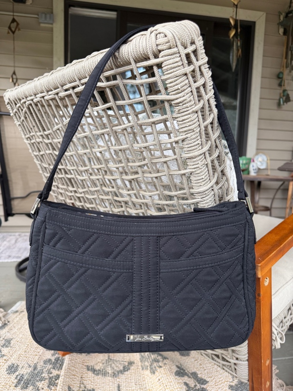 Vera Bradley Black Quilted Shoulder Bag with Front Pockets